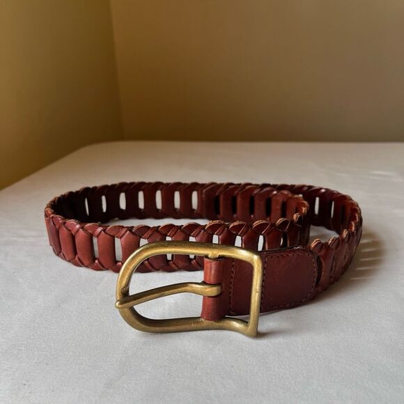 Vintage 90s DKNY Cognac Leather Woven Belt Brass Buckle Small Boho Minimalist - Picture 1 of 7